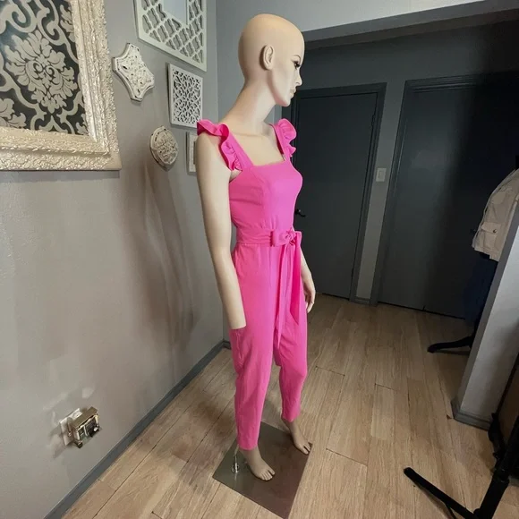 Lilly Pulitzer Women's Pink Ruffle-Shoulder Jumpsuit with Waist Tie - Picture 7 of 11